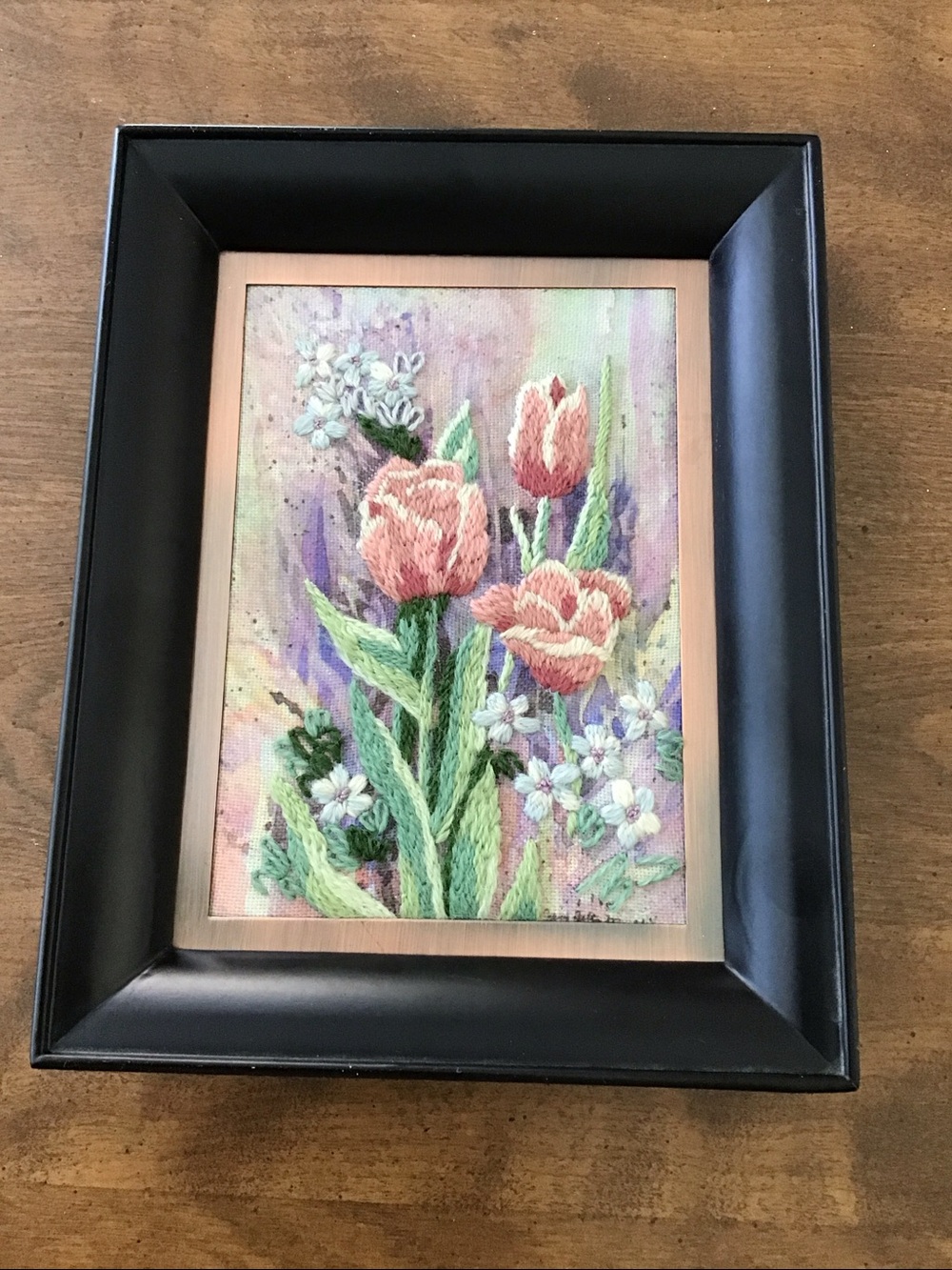 Vintage handmade Textured floral embroidery of pink tulips, white flowers. 1990